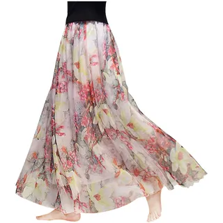 Damen Chiffon Blumen Strandrock Maxirock Langer Rock Gedruckter Chiffonrock Weich Glatt Dünn Cool für Sommer Rocklänge 90cm - Große Blumen #64 - 34-40
