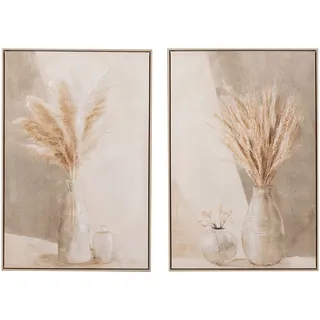 J-Line Malerei, Vase, Pampas Leinwand / Holz, Beige, 2-2 Stück