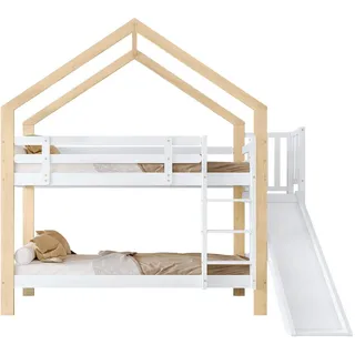 Luhomfu Haus-Etagenbett, Weiß, Holz, 90x200 cm, Kinder- & Jugendzimmer, Kindermöbel, Kinderbetten, Etagenbetten