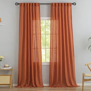 Modern Village Leinenvorhänge mit Schlaufen auf der Rückseite, 238 cm lang, 2-teiliges Set für Wohnzimmer, mit Gürtelfalten, halbsichtbar, durchscheinend, Stangentasche, Lichtfilterung, Burnt Orange
