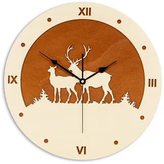 ORNAMENTI Wanduhr rustikal,skandinavisch,alpenländischer Stil, Hirsch, moderne, holz (hingucker Wanduhr, Handmade, ohne Ticken, Wanddeko, 3 Größen) 50 cm