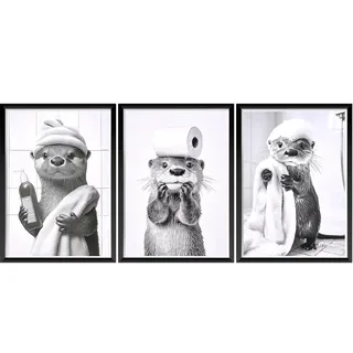TranRantic 3 Stück Bilder Badezimmer Deko 22×31cm Otter Badezimmer Bilder | Schwarz-Weiß Leinwand Badezimmers Wandbilder, Lustige Wand Deko für Toilette Room - Ohne Rahmen
