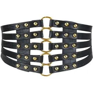 MEGAUK Damen Leder Gürtel Breit Nieten Elastischer Taillen Vintage Hüftgürtel Bindegürtel Lolita Korsett Mit Ring Schnalle Design (Schwarz+Gold) - Taillenumfang 69-85cm