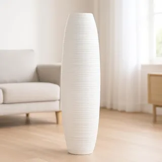 Leewadee Große Hohe Bodenvase 85 cm - Handgefertigte Mangoholz-Bodenvase in Weiß für Pampasgras & Trockenblumen
