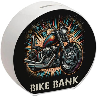 Chopper-Motorrad Spardose mit Spruch Bike Bank Glänzender Metallglanz Chrom-Auspuff Custom-Bike Highlight Sparen im Zweirad-Stil