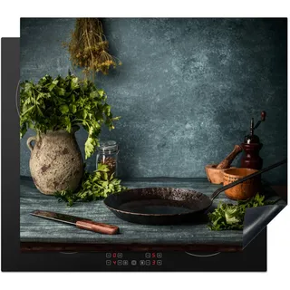 KitchenYeah© Herdabdeckplatte Einteilig Abdeckplatten Cerankochfeld Abdeckung Ceranfeld Herdplattenabdeckung Induktionsmatte Kräuter - Gewürze - Pfanne - Messer - Grau - Rustikal - 59x52 cm