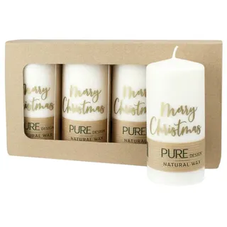 PURE NATURAL WAX, Natural-Gold, Stumpenkerze "Merry Christmas“, WENZEL, 130/70 mm, Brenndauer ca. 47h, 100% plastikfrei, 4 Stück