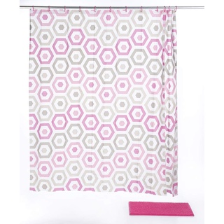 PANA Diego 3teiliges Badezimmerset • Duschvorhang + Badematte + 12 Ringe • in 5 verschiedenen Designs • Farbe: Ecken - pink