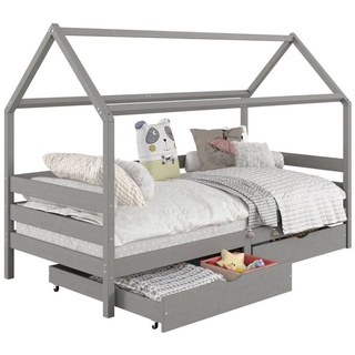 Idimex Hausbett CLIA Montessori aus massiver Kiefer, Kinderbett mit Dach, Tipi Bett mit 2 Schubladen in grau