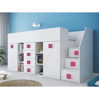 Kinderbett Hochbett T-3P-G, mit Schreibtisch, Schrank und Schubladen. Farbe Weiß/Griffe Rosa