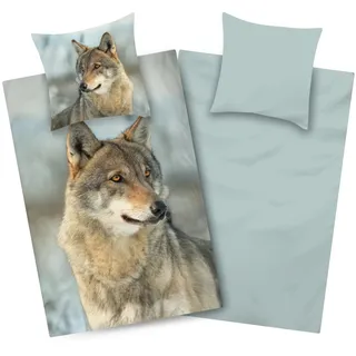 Aminata kids Biber Bettwäsche-Set Wolf 135x200 Jungen 100% Baumwolle | Kinder-Wende-Bettwäsche-Set mit Reißverschluss Tier-Motiv für Jugendliche - blau grau - kuschelig weich
