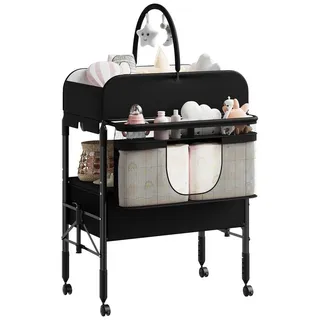 GarveeMore Wickeltisch Höhenverstellbarer Wickeltisch Klappbar, mit Rollen & Schubladen, Platzsparend klappbar, höhenverstellbar (97-105 cm) & mobil schwarz