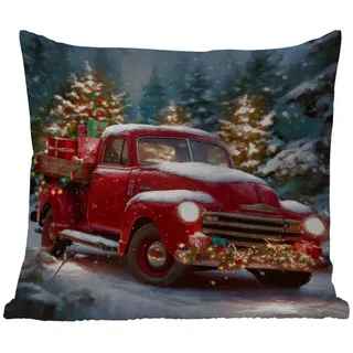MuchoWow Dekokissen Weihnachts-LKW - Schneewald - Rot, Kissenhülle für den Außenbereich, Outdoor, Kissen, 50x50 cm rot Quadratisch | 50 cm x 15 cm x 50 cm