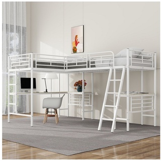 Flieks Hochbett Kinderbett Metallbett 90x200cm mit 2 Liegefläche und Schreibtisch weiß