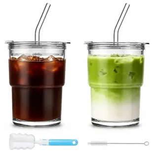 2 Stück 380ml Glasbecher mit Deckel und Strohhalm, 2-in-1 Deckel mit Trink-&Strohhalmöffnung, inkl. Flaschen&Strohhalmbürste, Trinkbecher, To Go Becher für Matcha, Kaffee, Tee, Saft, Smoothie, Wasser