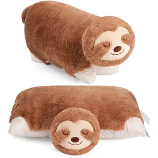 BRUBAKER Kuscheltier Faultier - 2 in 1 Stofftier und Kuschelkissen - 40 x 30 cm Dekokissen (Plüschtier - Kuscheltierkissen, 1-St., Tierkissen Faultierkissen), aufklappbares Kinder Plüschkissen mit Klettverschluss braun