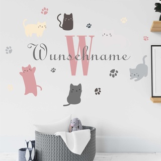 KIWISTAR - Wandtattoo - Katzen - personalisiert mit Wunschname - Namensaufkleber individuell selber gestalten - Wandsticker mit Name - Wandaufkleber für Kinderzimmer Babyzimmer Spielzimmer