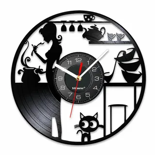 Viiluuxr Wanduhr Küche 30 cm, Lautlose Küchenuhr im Vinyl-Look | Kaffee-Motiv ohne LED für Coffee Bar, Esszimmer und Restaurant; 1 AA-Batterie nicht enthalten