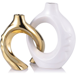 Weiß und Goldene Vase mit Loch - Moderne Keramikvase, Weiß-Goldener Donut-Vase im nordischen Minimalismus, Dekorative Vase für Tischdekoration, Hochzeit, Esszimmer, Wohnzimmer,Büro und Hausdekoration