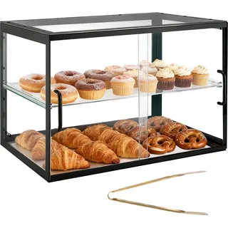 Vevor Gebäckvitrine 2-stöckig, Gewerbliche Bäckereivitrine aus Transparentem Acryl, Thekenvitrine mit Schiebetür & Abnehmbarer Trennwand für Kekse, Desserts und Donuts, 550 x 385 x 390 mm Schwarz