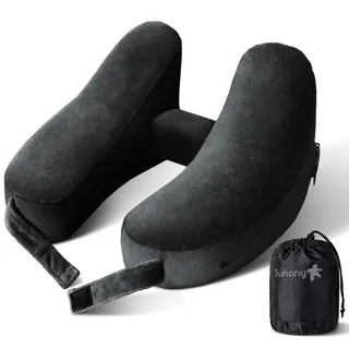 Nackenkissen für Reisen, aufblasbares Flugzeugkissen, stützt bequem Kopf, Nacken und Kinn, aufblasbares Reisekissen mit weichem Veloursbezug und tragbarer Kordelzugtasche (Schwarz)