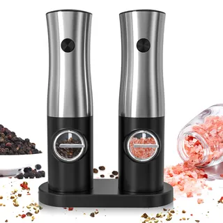 BGFOX Salz und Pfeffer Mühle Elektrisch 2er Set aus Edelstahl mit einstellbarem Keramik-Mahlwerk, Gewürzmühlenset Automatisch mit Wiederaufladbarer Basis LED-Licht Reinigungspinsel (Schwarz-2 Stück)