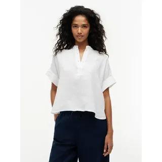 Tommy Hilfiger Kurzarmbluse SUMMER LINEN POPOVER SS SHRT Leinen, kurze Knopfleiste, hinten länger geschnitten weiß S (36/38)