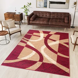 TAPISO Dream Teppich Kurzflor Rot Beige Creme Kreise Wellen 180 x 250 cm | gewebt