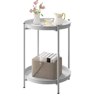 Woltu Beistelltisch, Couchtisch mit Stauraum, 2 abnehmbare Tabletts, | Metall,Balkontisch,Nachttisch,einfache montage,bis 20 kg,für Kaffee,für Wohnzimmer,Schlafzimmer ,Büro,Hellgrau
