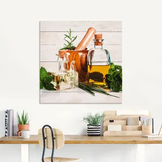 Glasbild ARTLAND "Olivenöl und Kräuter - Küche" Bilder Gr. B/H: 50 cm x 50 cm, Arrangements, 1 St., weiß Glasbilder in verschiedenen Größen