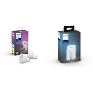 Philips Hue White & Color Ambiance GU10 LED Lampe Doppelpack, steuerbar via App, kompatibel mit Amazon Alexa (Echo, Echo Dot) + Wireless Dimming Schalter, komfortabel dimmen ohne Installation