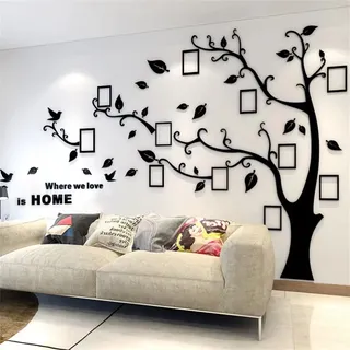 Wandtattoo Baum 3D DIY Wandaufkleber Family Stammbaum Fotowand Baum Wandtattoo Wall Sticker mit Bilderrahmen Foto Wandsticker Wohnzimmer Schlafzimmer (Schwarz Links,L)