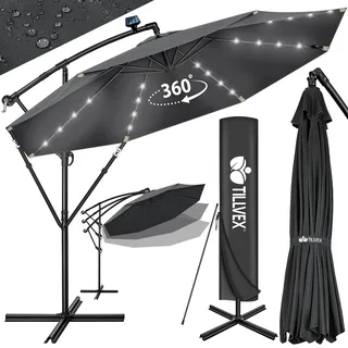 tillvex Alu Ampelschirm LED Solar Ø 350 cm mit Kurbel + Abdeckung | Sonnenschirm mit An-/Ausschalter & Windschutz | Gartenschirm UV-Schutz Aluminium | Kurbelschirm mit Ständer Marktschirm wasserdicht - 350 cm