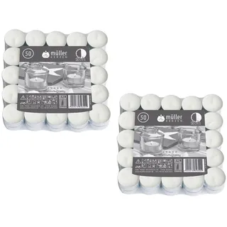 100 Stück (2X50) Müller Teelichter in Weiss - Premium Qualität mit 6 Stunden Brenndauer - Kerzen in Aluschale für die Gastronomie & Weihnachten
