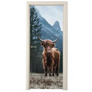 MuchoWow Türtapete Schottische Highlander - Berg - Landschaft - Bäume - Kuh - Natur, Matt, bedruckt, (1 St), Türposter Selbstklebend, Deko Folie Tür und Möbel, 95x215 cm bunt 95 m x 215 m