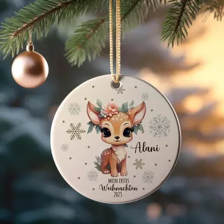 Weihnachtskugel Weihnachtsschmuck Keramik Baumanhänger Mein erstes Weihnachten personalisiert Namen Wunschname REH mit Blümchen Tiere Baumkugel Geschenk wkp49 ilka parey wandtattoo-welt