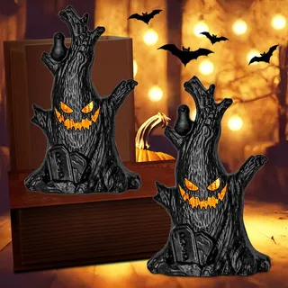 Halloween Deko Geister Baumstumpf Mit LED Licht 2 Stück Halloween Geister Baumstumpf Dekoration Geisterbaum Figur LED Kerzen für Innen und Garten Party Dekoration [Energieklasse A]
