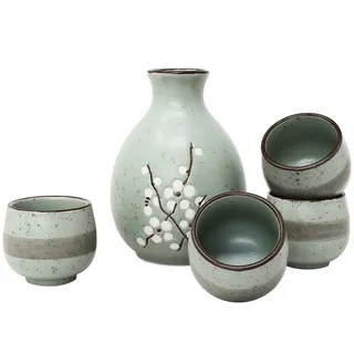 MystiCalls Schnapsglas Japanisches Sake Set für 4 Personen Japanisches Geschirr China, 5-tlg., Keramik, Spülmaschinenfest und hitzebeständig blau