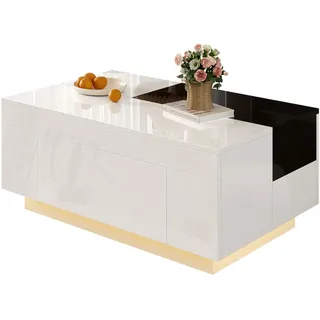 Hochglanz Couchtisch 80x50x35 ausziehbar mit LED-Beleuchtung, multifunktional, schwarz-weiß, Stauraum und moderne Design