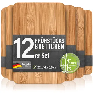 12er Set Frühstücksbrettchen aus Bambus Holz, 22x14x0,8cm | Ideal für Frühstück, Brotzeit und kleine Mahlzeiten - Holzbrettchen Brettchen Frühstücksbrett Holzbrett