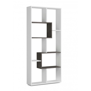 Dmora Bücherregal Fremont, Multipositions-Bücherregal mit 8 Fächern, Büroregal, Regal als Raumteiler, 80x25h180 cm, Weiß und Oxid