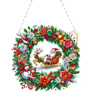 Generisch Diamond Painting Türkranz Weihnachtskranz Diamond Painting Anhänger mit Kette Diamant Malerei Fensterbilder Weihnachten Kranz Set für Wand Und Eingang Fenster Dekoration-Rot