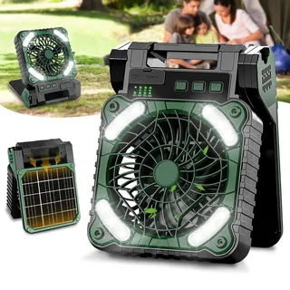 AKOFIC Camping Ventilator mit Akku 10400mAh, Solar Ventilator Outdoor mit LED-Licht, 4 Geschwindigkeiten Tragbarer Tischventilator Leise, Wiederaufladbarer Zelt Ventilator für Camping Reisen Angeln