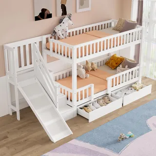 xixiworkshop Hochbett 90×200,Etagenbett mit 2 Schubladen/Treppe, Jugendbett mit Lattenrost/Rausfallschutz/Stauraum, ohne matratze