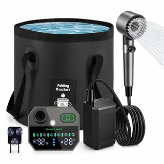 Campingdusche mit Pumpe, 12000mAh, LED Licht, Temperaturanzeige, 20L Eimer | 12000mAh Campingdusche mit Pumpe, 6 Druckstufen, LED Licht & Temperaturanzeige, inkl. 20L faltbarem Wasserbehälter