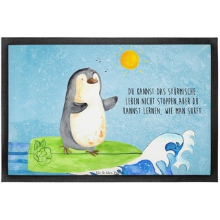 Fußmatte 60 x 90 cm Pinguin Surfer - Eisblau - Geschenk, Wellen reiten, Urlaub, Mr. & Mrs. Panda, Höhe: 0.3 mm, Rutschfester Halt blau