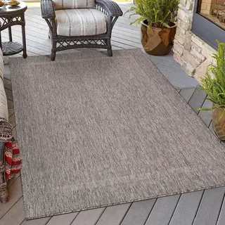 HomebyHome Outdoor Teppich Wetterfest 280x370 cm Grau Bordüre Design Flachgewebe Waschbar XXL Extra Groß für Wohnzimmer Esszimmer Terrasse Garten