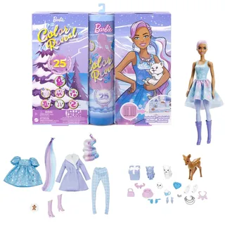 Barbie Color Reveal Adventskalender, 1 Color Revea Puppe & 3 Haustiere, Kleidung, Accessoires & 2 Haarverlängerungen, 25 Überraschungen, Weihnachtsgeschenke für Kinder, HJD60