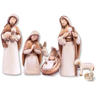 Akantus Krippe Moderne Krippenfiguren aus Holz: 7-teiliges Set (gebeizt), holzgeschnitzt, handbemalt, Ahornholz, Made in Südtirol 20 cm