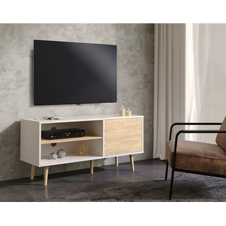 WAMPAT TV-Schrank (Skandinavisch Design TV Lowboard Weiß und Eiche) mit Türen und Verstellbare Regal 90 cm